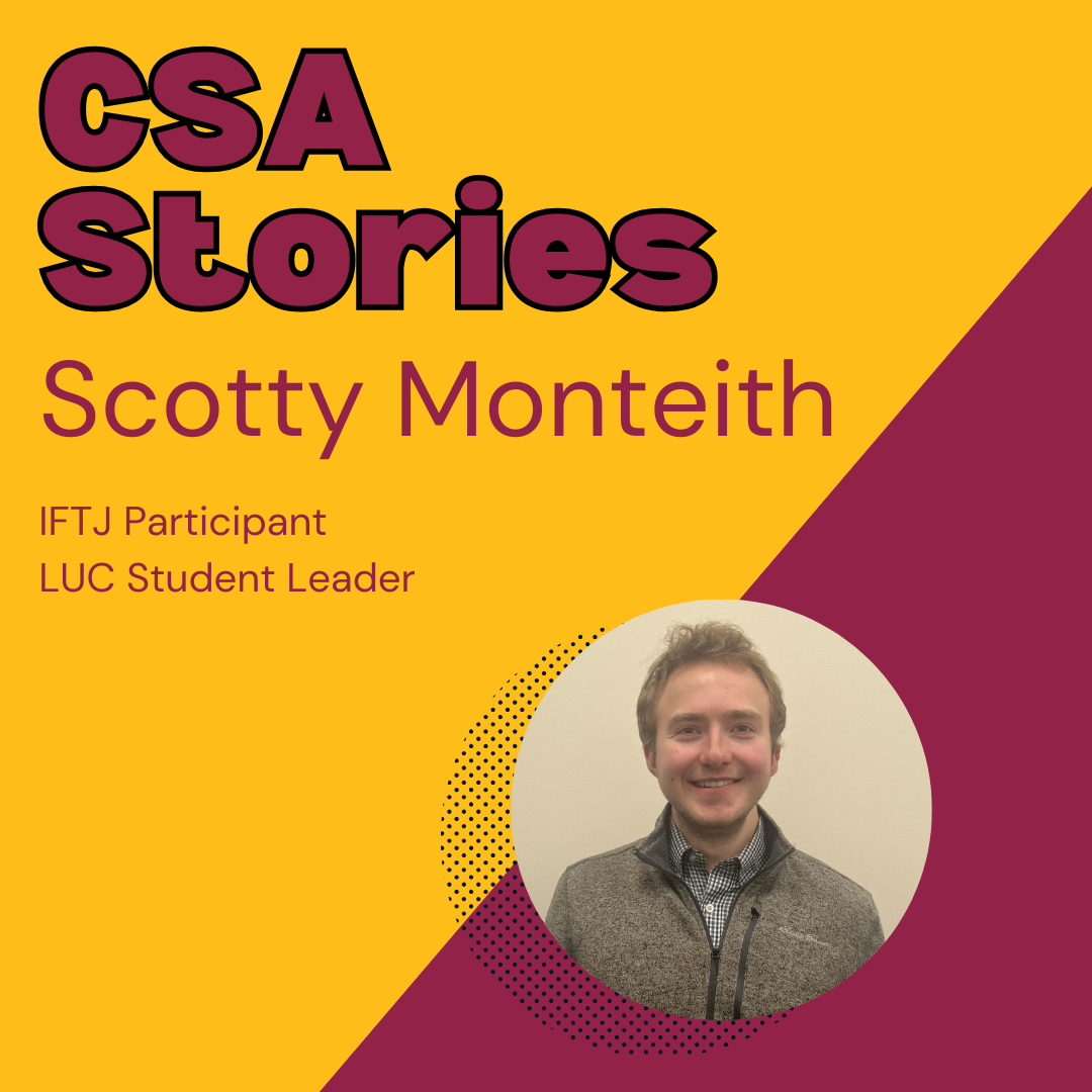 CSA Story Header for Scotty Monteith; a headshot image of him on a maroon and gold background